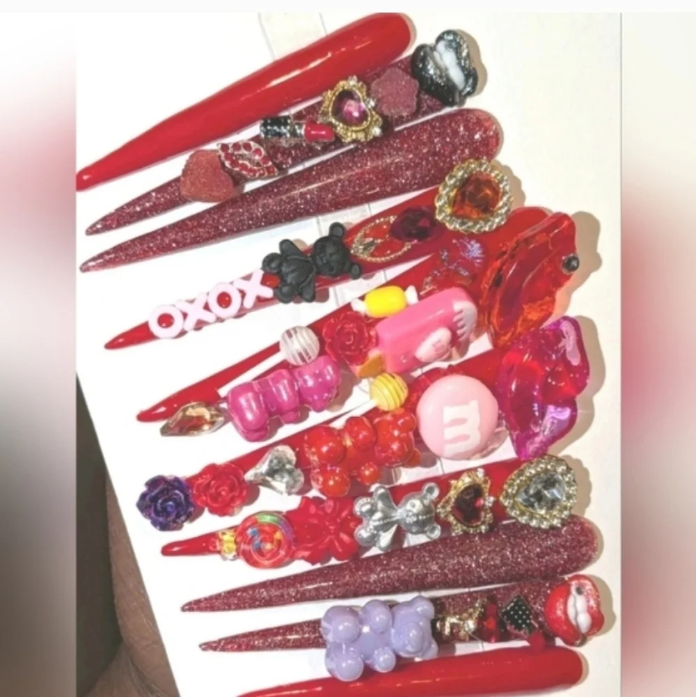 Red and Pink Decorative 4xl Acrylic Press On Nail Set Sz Medium